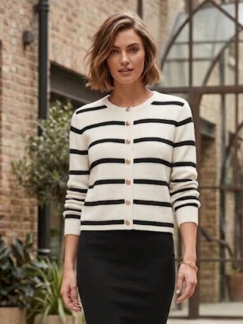 French Connection Cream and Black Striped Button-Front Cardigan